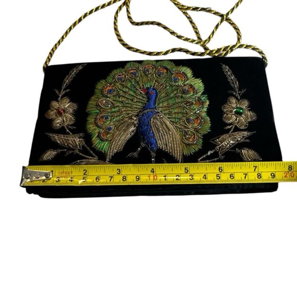 Vintage Black Velvet Peacock Evening Clutch Purse Zardozi Hand Embroidery - Picture 11 of 13